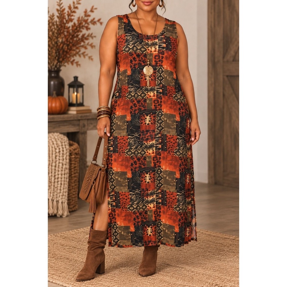 L 100 Vintage Animal Print Patchwork Maxi Dress Boho Safari Tribal Sleeveless - Picture 1 of 5